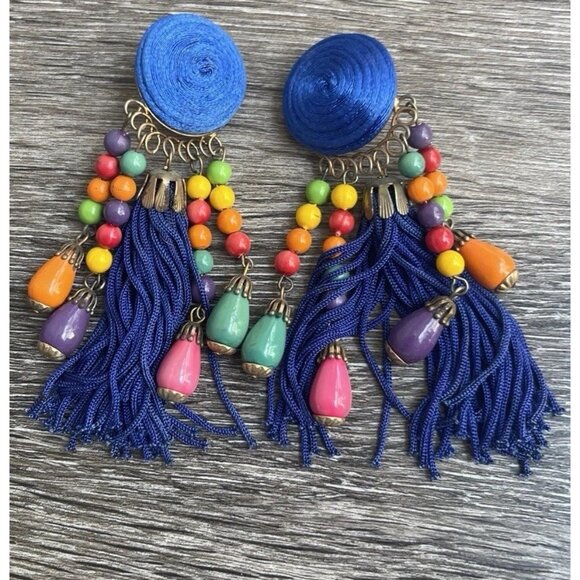 Vintage Earrings Large Long Blue Multi Color Boho Circle Clip On Fringe 80s 90 - Picture 3 of 10